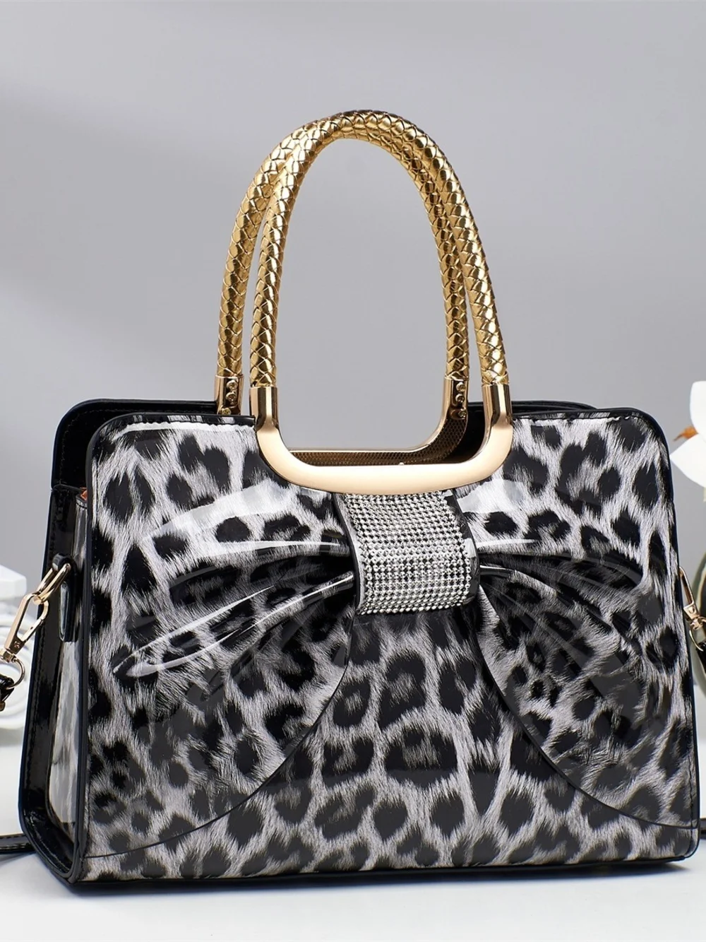 Leopard Print Satin Bow Handbag with Gold Handles